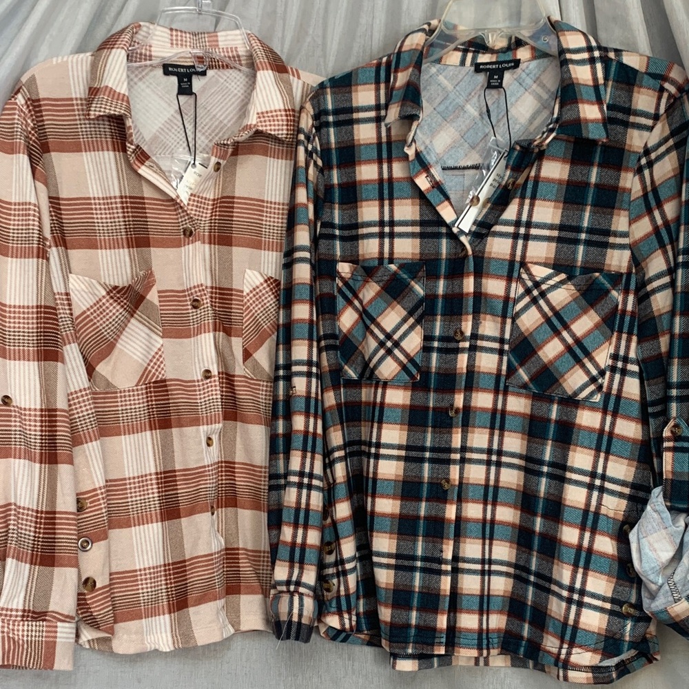 Robert Louis Plaid Button-Down Tops in Cream & pink and Teal & Cream